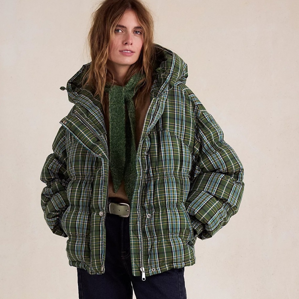 Free People Green Plaid Puffer Jacket